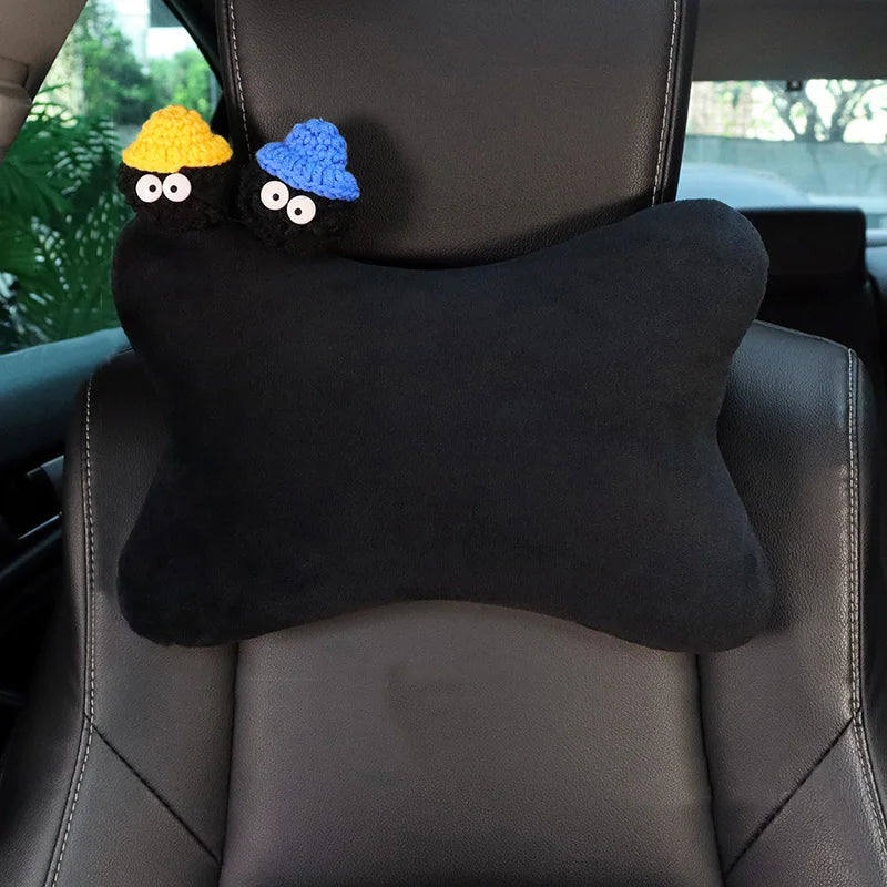 Cute Cartoon Car Pillow Coal Ball Toy Ice Silk Mesh Universal Auto Seat Headrest Neck Support Car Accessories for Women Men