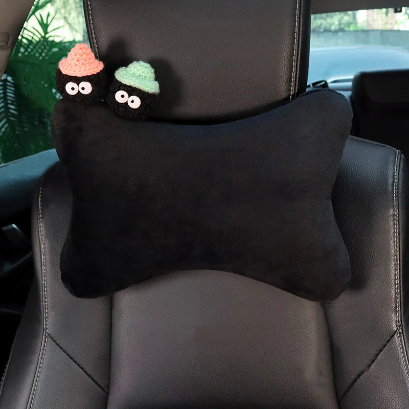Cute Cartoon Car Pillow Coal Ball Toy Ice Silk Mesh Universal Auto Seat Headrest Neck Support Car Accessories for Women Men
