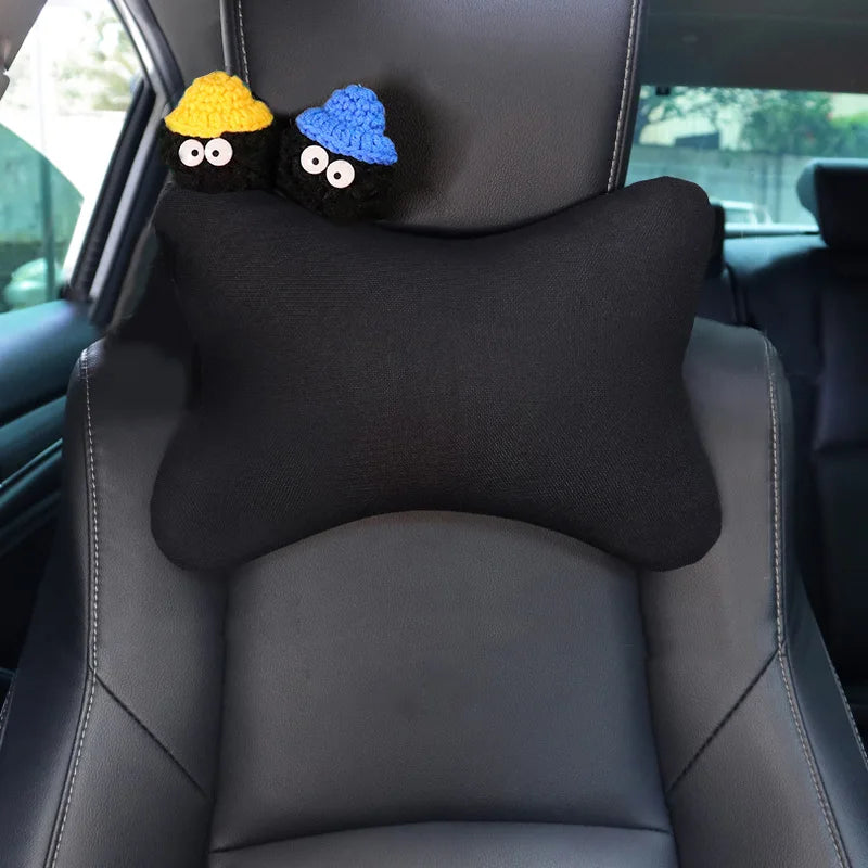 Cute Cartoon Car Pillow Coal Ball Toy Ice Silk Mesh Universal Auto Seat Headrest Neck Support Car Accessories for Women Men