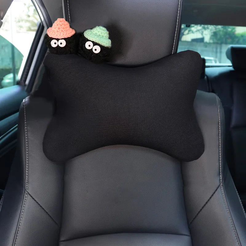 Cute Cartoon Car Pillow Coal Ball Toy Ice Silk Mesh Universal Auto Seat Headrest Neck Support Car Accessories for Women Men