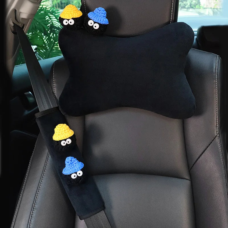 Cute Cartoon Car Pillow Coal Ball Toy Ice Silk Mesh Universal Auto Seat Headrest Neck Support Car Accessories for Women Men